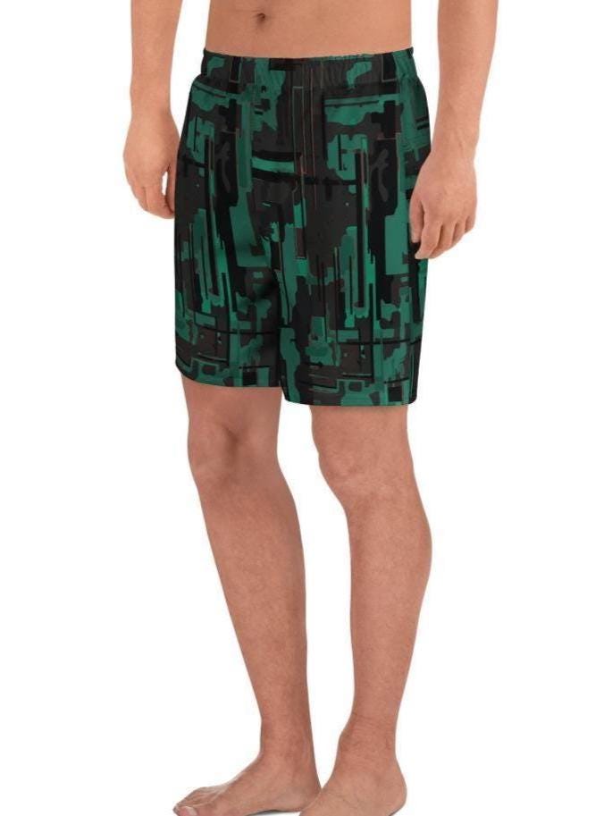 Men’s Long Athletic Workout Shorts Green Black Digital