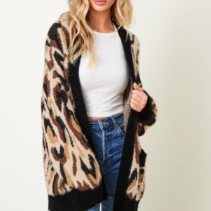 Leopard Print Cardigan: Fuzzy Long Sleeve Animal Sweater