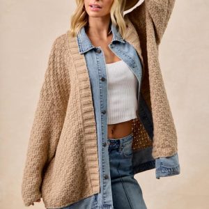 Long Cardigan Sweater With Washed Denim: Jean Patchwork
