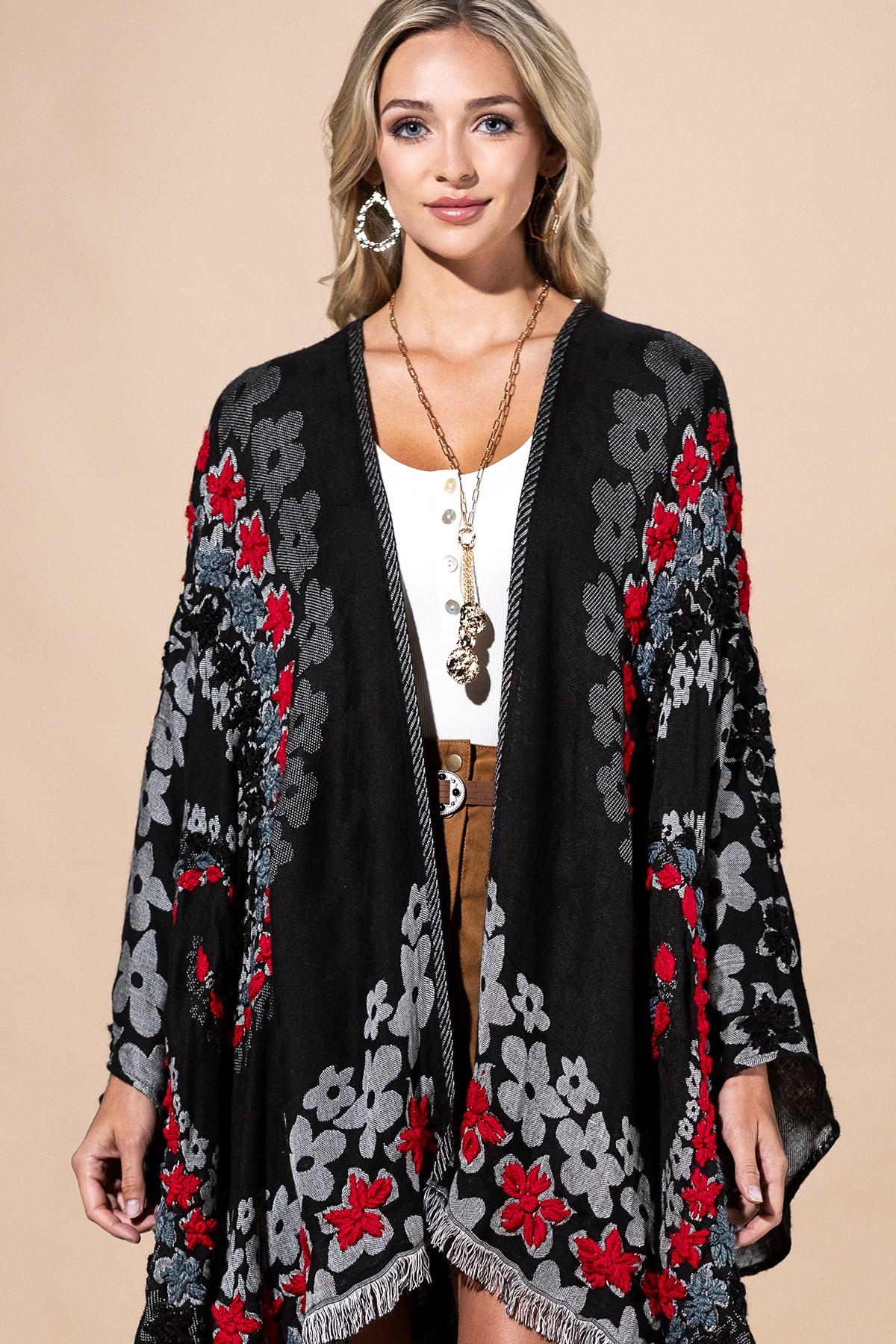 Black Floral Ruana Made In India: Women's Embroidered